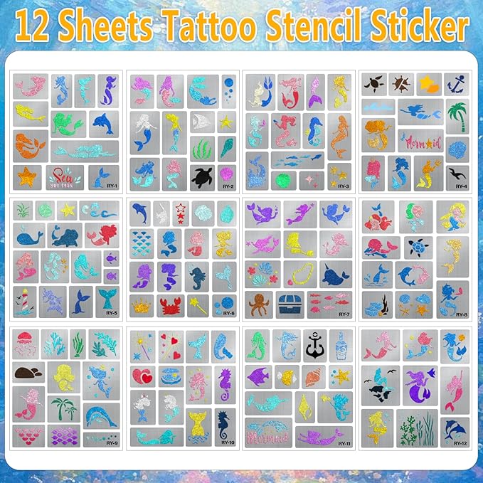 Yazhiji 167PCS Mermaid Temporary Tattoo Stencils, Face and Body Paint Stencils, Girl Boy Glitter Tattoos Pack for Kids School Show Birthdays Mermaid Christmas Party Favor Supplies