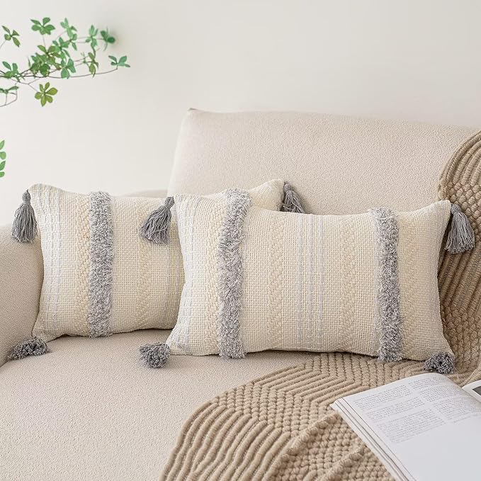 BUIOVBEY Boho Throw Pillow Covers Woven Tufted Pillow Cases with Tassels | Farmhouse Pillow Covers 12x20 Set of 2 Textured Striped Cushion Case Neutral Decorative Pillowcase for Sofa Couch Light Grey