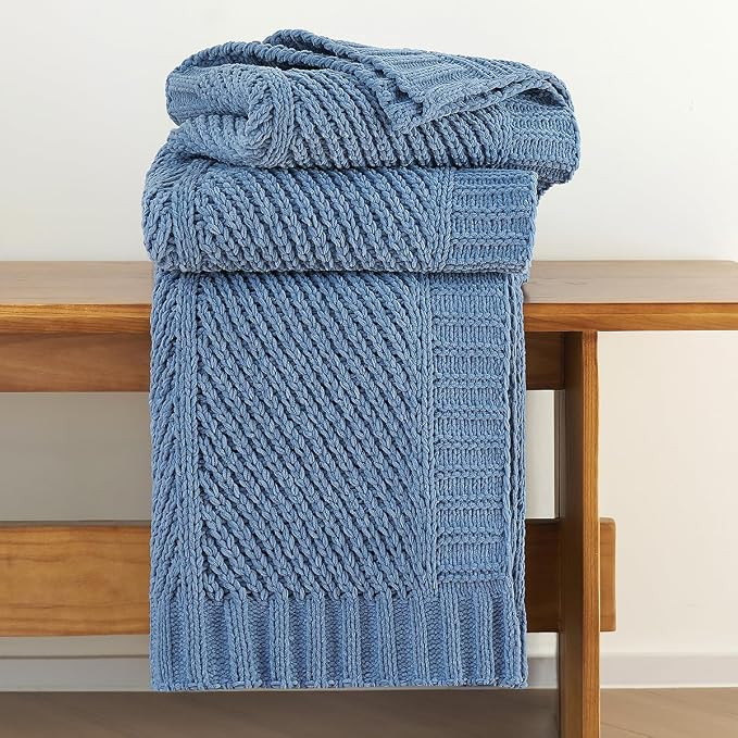 Knit Throw Blanket, Soft Chenille Cozy Breathable Chevron Chunky Decorative Blanket for Couch, Bed & Sofa, French-Inspired Lightweight Warm Gift for Women, Washed Blue, 50"x60"