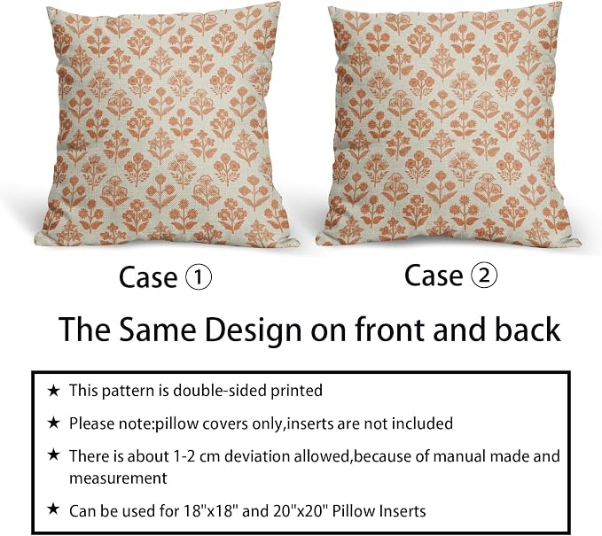 Orange Floral Pillow Covers 24x24 Inch Set of 2, Vintage Flower Block Print Pattern Decorative Throw Pillowcases Outdoor Farmhouse Cushion Covers Spring Summer Rustic Sofa Couch Bed Decor