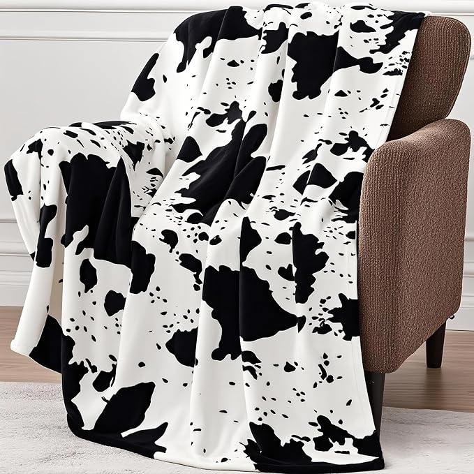 Edenleaf Cow Print Blanket, Ultra Soft Cozy Throw for Couch Bed and Travel, Cow Decor Throw Blankets for All Seasons 50"x60" (Black)