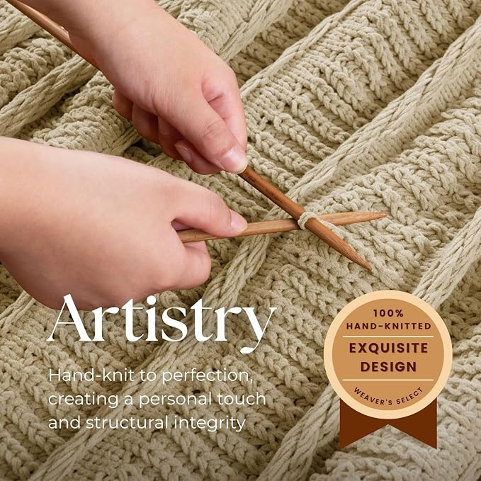 Boho Knitted Chenille Blanket with Tassels - Lightweight & Soft All-Season Throw - 3D Classic Pattern for Living Room Bedroom Couch, Sandy Beige, Throw 50"x60"
