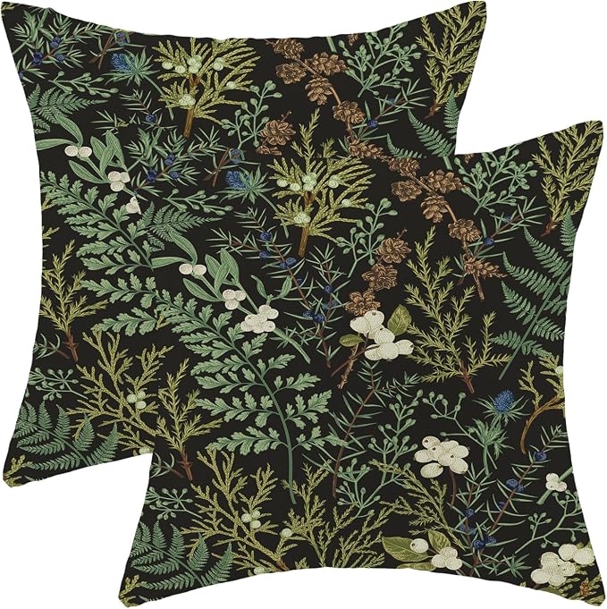 Spring Pillow Covers 18x18 Inch Set of 2,Black Sage Green Wild Flower Plant Throw Pillows Case,Seasonal Vintage Floral Outdoor Decorative Linen Farmhouse Decor Cushion Covers for Sofa Bed Couch