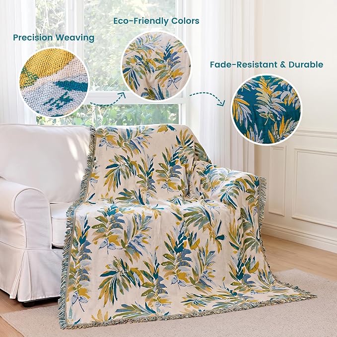 MSGKV Boho Throw Blanket 60"x80" 100% Cotton Leaves Muslin Blanket for Bed | 100% Cotton Muslin, Twin Size Throw Blanket, Leaves Pattern, Soft & Breathable, Lightweight Comfort, Machine Washable