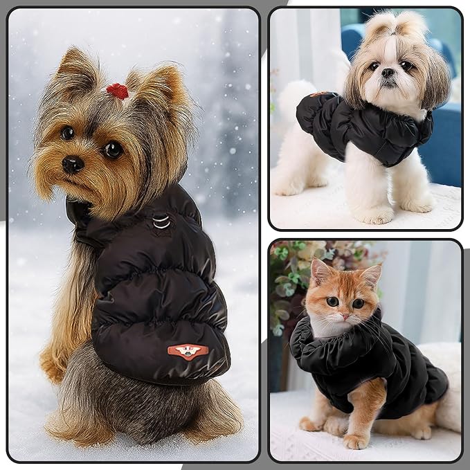 ABRRLO Winter Warm Dog Jacket for Small Medium Dogs Cat Cold Weather Coats with Harness Paded Dogs Fleece Vest Waterproof Windproof Dog Snow Jacket Pet Puppy Clothes (Black,XS)
