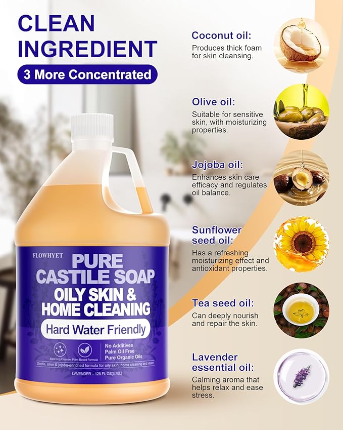 1 Gallon Pure Castile Soap Liquid Lavender Refill –EWG Verified Natural Organic Body Wash, Hard Water Friendly Bath Soap for Oily Skin,Body, Laundry & Home Cleaning 128 fl oz