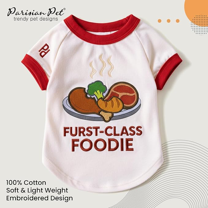 Parisian Pet Dog Furst Class Foodie Shirt - Embroidered Pet Vest - 100% Cotton & Polyester Doggy Shirt - Lightweight Pet Clothes - Sleeved Puppy Costume - Funny Shirts for Large Dogs - 2XL