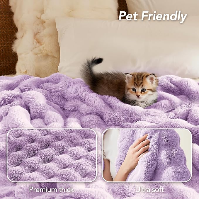 L'AGRATY Faux Rabbit Fur Throw Blanket for Couch, 50'' x 60'', Purple | Soft Cozy Bubble Fluffy Blanket for Sofa Bed, Thick Warm Plush Fuzzy Throw for Room Home Decor, Luxury Gift for Women Mom