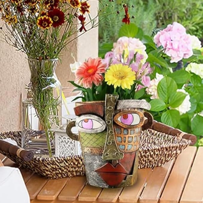 Picasso Brutalist Abstract Beauty Face Flower Pot Acolorful Art Resin Handmade Face Planters Pots Head for Home Art Decor Balcony Ornaments (Retro), RCZED152