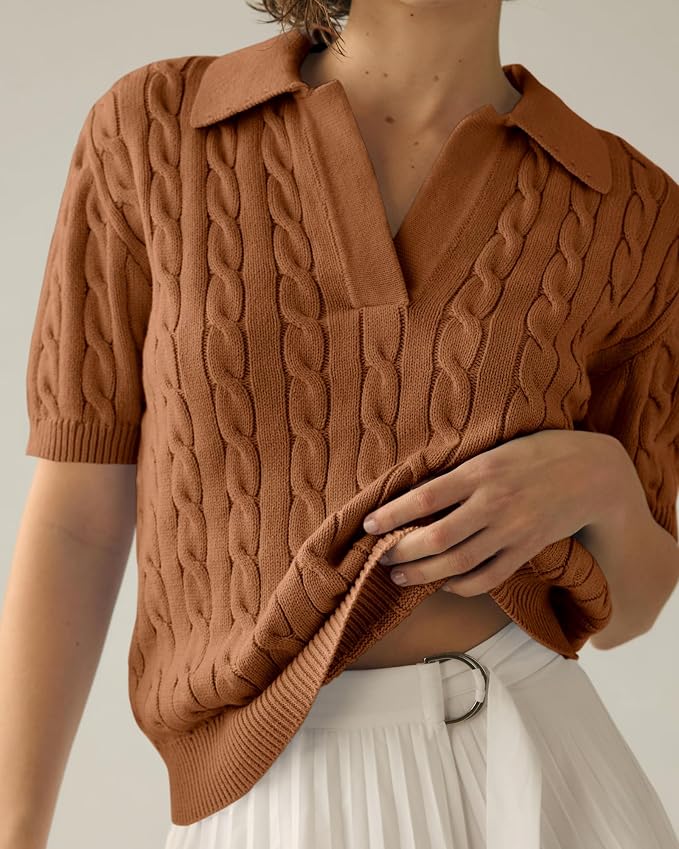 Imily Bela Womens Cable Short Sleeve Sweaters Tops Lapel V Neck Knit Shirt | Solid,Knit Casual,Soft Pullover,Fall Sweaters,Womens Summer Work Tops