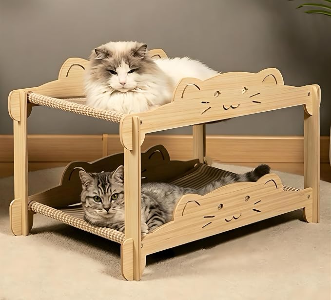 2-Tier Solid Wood Cat Scratcher Bed - Heavy Duty Cat Bunk Bed & Elevated Sisal Hammock for Indoor Cats, Sturdy Anti-Tipping Cat Furniture, Fits Large Cats up to 30+ lbs