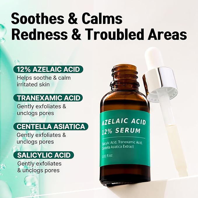 Azelaic Topical Acid 12% Serum for Face – Dark Spot Remover with Tranexamic Acid, Salicylic Acid, Niacinamide & Centella Asiatica – Acne, Hyperpigmentation & Rosacea Treatment 1 Oz Korean Skincare