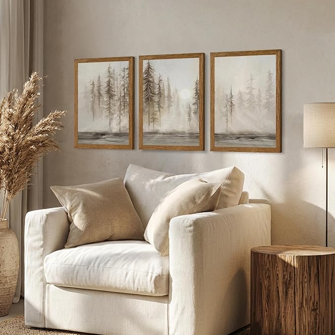 Urmoya 3 Pieces Scandinavian Pine Tree Neutral Forest Wall Art 12x16 in | Wood framed canvas, Forest scene, Nordic modern style, Ready to hang, for living room, hallway, office, or bedroom decor