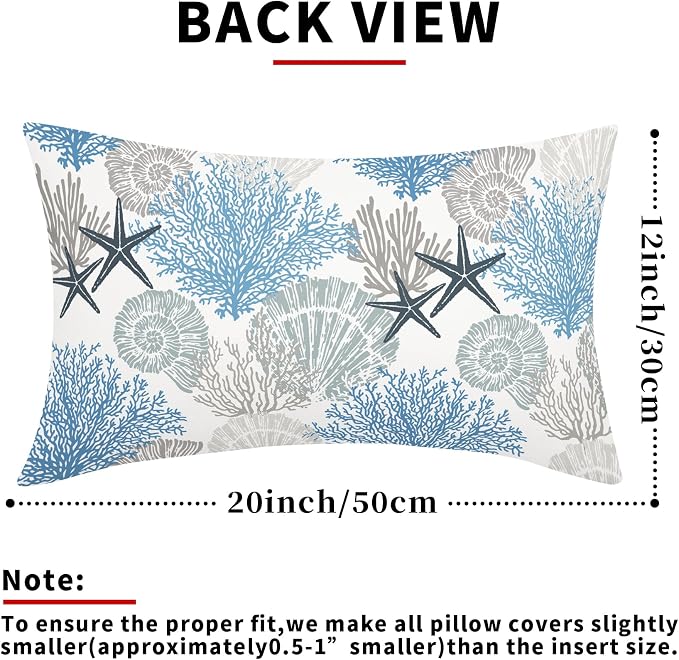 Coastal Starfish Seashell Coral Lumbar Pillow Covers 12X20 Inch Set of 2 Summer Nautical Beach Decorative Pillow Cases Sea Ocean Cotton Linen Cushion Case Farmhouse Home Decor For Sofa Couch Bed Room