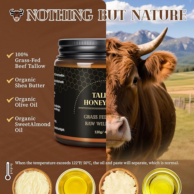 MEIDU Beef Tallow for Skin,Tallow and Honey Balm,Organic Grass-Fed Beef Tallow Balm with Raw Wild Honey, Face and Body Moisturizer (120g)