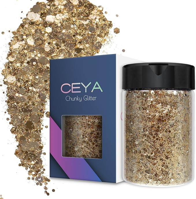 Ceya Chunky Glitter, 4.9oz/ 140g Luxury Gold Craft Glitter Powder Mixed Fine Flakes Iridescent Nail Sequins for Nail Art, Hair, Epoxy Resin, Tumblers, Slime, Painting, Festival Decor