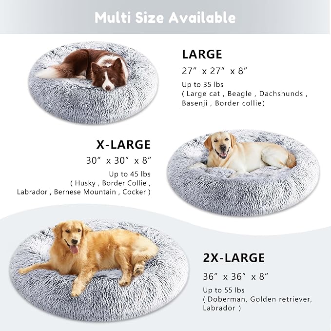 Western Home Calming Donut Large Dog Bed Pet Bed,36" Light Grey | Fluffy Faux Fur Round Cuddler,Anti-Anxiety,Anti-Slip Bottom,Plush Round Pet Dog Beds for Large Sized Dogs,Up to 80 LBS