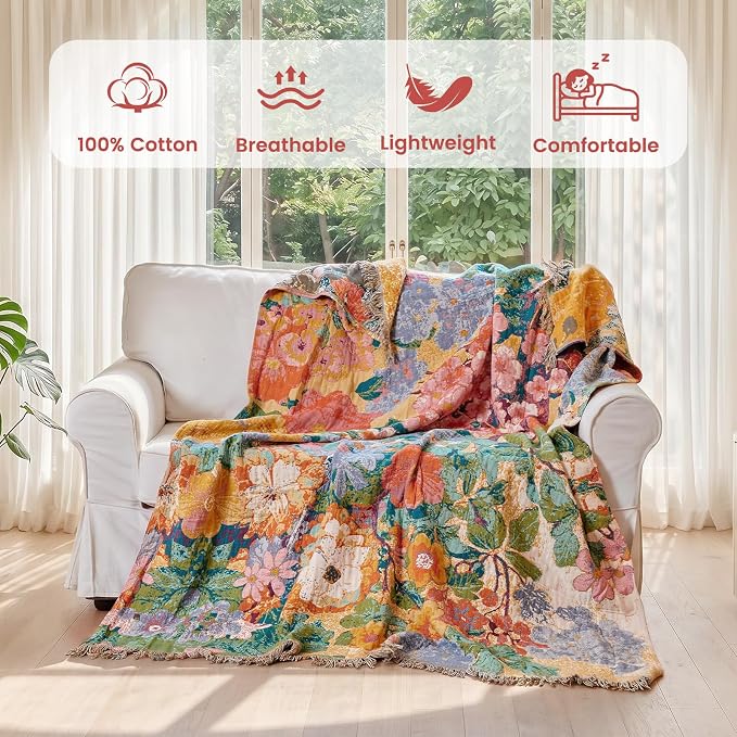 MSGKV Boho Throw Blanket 60"x80" Cotton Floral Blanket for Couch & Sofa | 60"x80" Cotton Floral Throw, Muslin Blanket, Summer Breathable, Farmhouse Decor, All Season Comfort, Machine Washable
