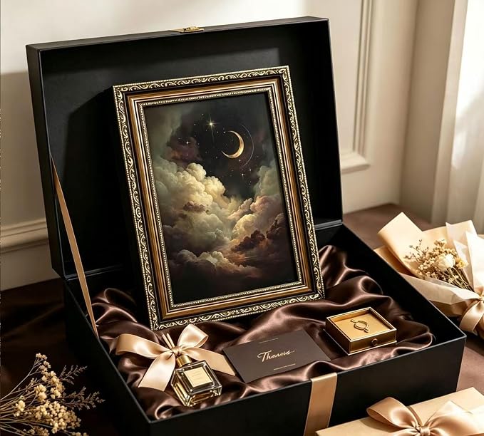 Vintage Gold Framed Crescent Moon Cloud Wall Art, Dark Academia Celestial Starry Sky Oil Painting Print, Antique Ornate Mystical Night Sky Wall Decor, Gothic Cottagecore Home Decor, 16x24in