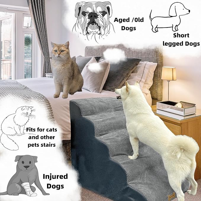 5-Step Dog Stairs for 23 Inch High Beds & 20-30 Inch Couch Bed, Non-Slip Balanced Indoor Pet Ramp Stairs for Small Old Large Dogs Cats to Get on Bed 30D