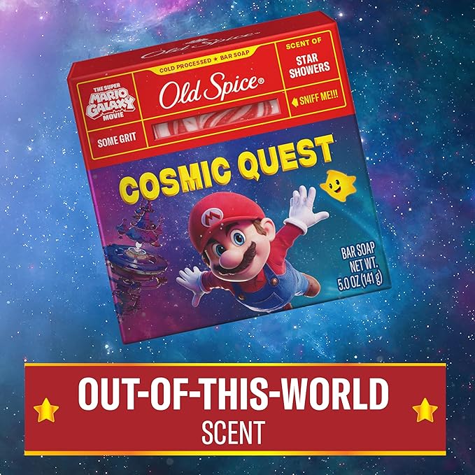 Old Spice Bar Soap for Men, x The Super Mario Galaxy Movie, Cold Pressed with Grit, Made with Natural Oils & Plant Based Cleanser, Star Showers with Juicy Pear & Cedarwood Scent, 5.0 oz