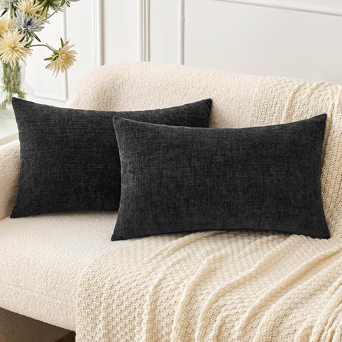 MIULEE Soft Chenille Lumbar Throw Pillow Covers Black 12x20 Inch Pack of 2 | Modern Home Decor, Classic Decorative Pillows, Solid Dyed Cases, Boho Couch Cushion Covers for Sofa Bed Living Room