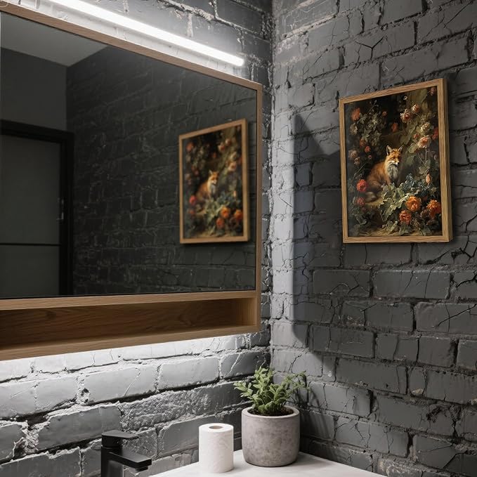 Framed Dark Academia Fox Canvas Wall Art, Sitting Fox Surrounded by Flowers, Elegant Vintage Botanical Poster, Fine Art Print for Living Room Bedroom Study – Dark Wooden Frame 16x24in