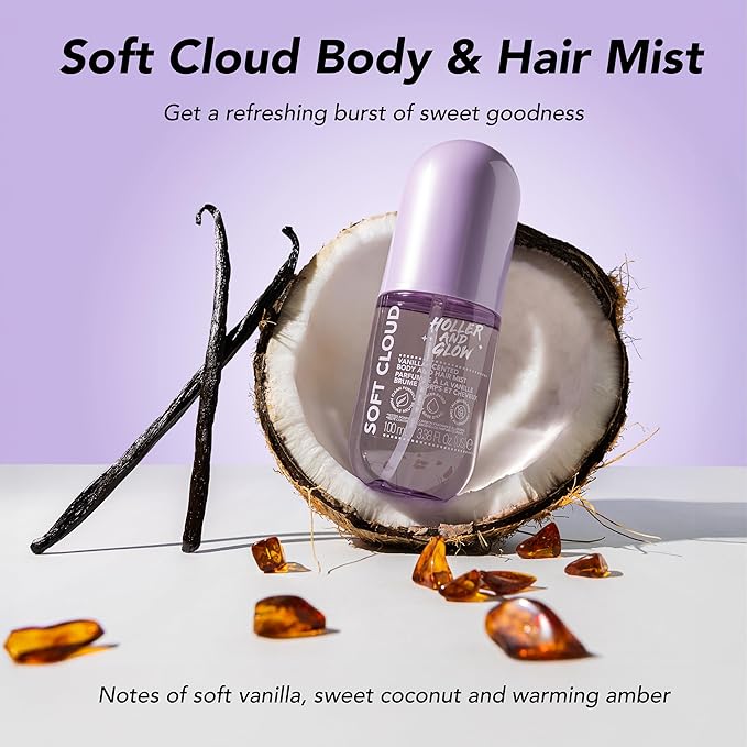 Holler And Glow Mood Boosting Soft Cloud Body & Hair Mist, Body Spray, Teen Girls Spritz, Long Lasting, Vanilla, Sweet Scented, Water Based Fragrance For Tweens, Clean & Gentle Formula, 3.38 Fl Oz