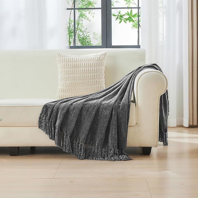 CozeCube Chenille Throw Blanket, Charcoal Grey Fringe Blanket, 50"X60" | For Couch, Cozy Plush Fuzzy Decorative Blanket with Fringe Tassels, Lightweight Throws for Bed Sofa Gift Home Decor