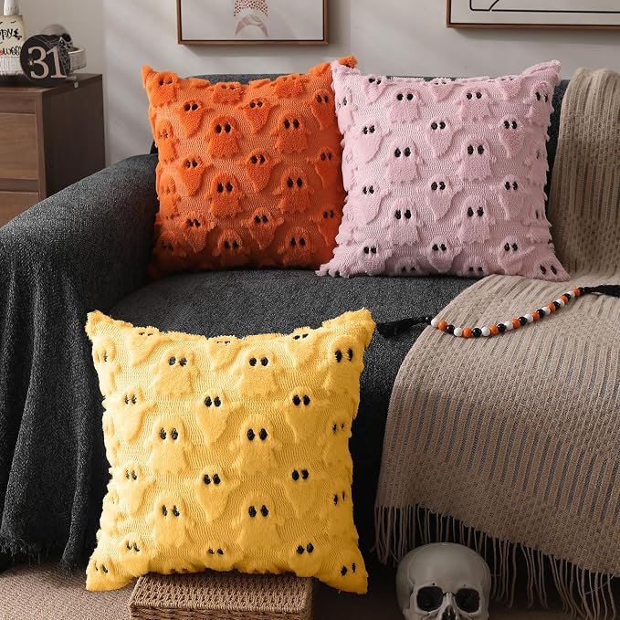 DFXSZ Halloween Pillow Covers 20x20 inch 2Pcs Yellow Ghost Halloween Decor | Halloween Decorations Set of 2 Throw Pillow Cases Plush Faux Fur Wool Cushion for Chair Sofa Bedroom Living Room Home Decor
