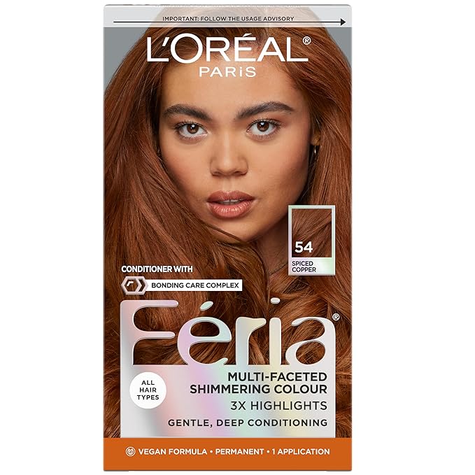 L'Oreal Paris Feria Multi-Faceted Shimmering Permanent Hair Color, High Intensity Hair Dye for 3X Highlights, 54 Spiced Copper, 1 Kit