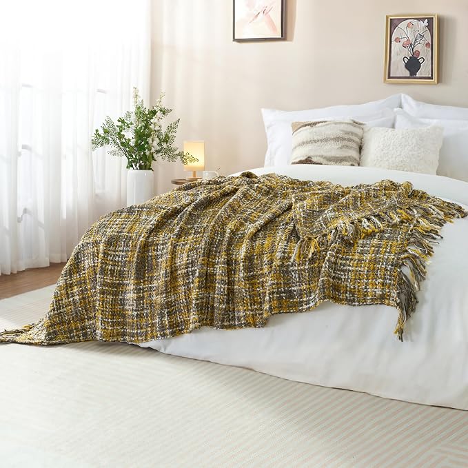Multi-Color Cable Woven Throw Blanket for Couch - 50"X60" | Multicolored Boho Style,Super Soft Warm Cozy Chunky Blankets with Decorative Tassels for Bed and Sofa,Gold
