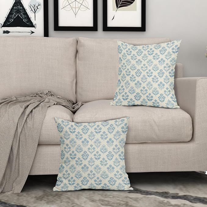 Light Blue Floral Pillow Covers 16x16 Inch Set of 2, Vintage Flower Block Print Pattern Decorative Throw Pillowcases Outdoor Farmhouse Cushion Covers Spring Summer Rustic Sofa Couch Bed Decor