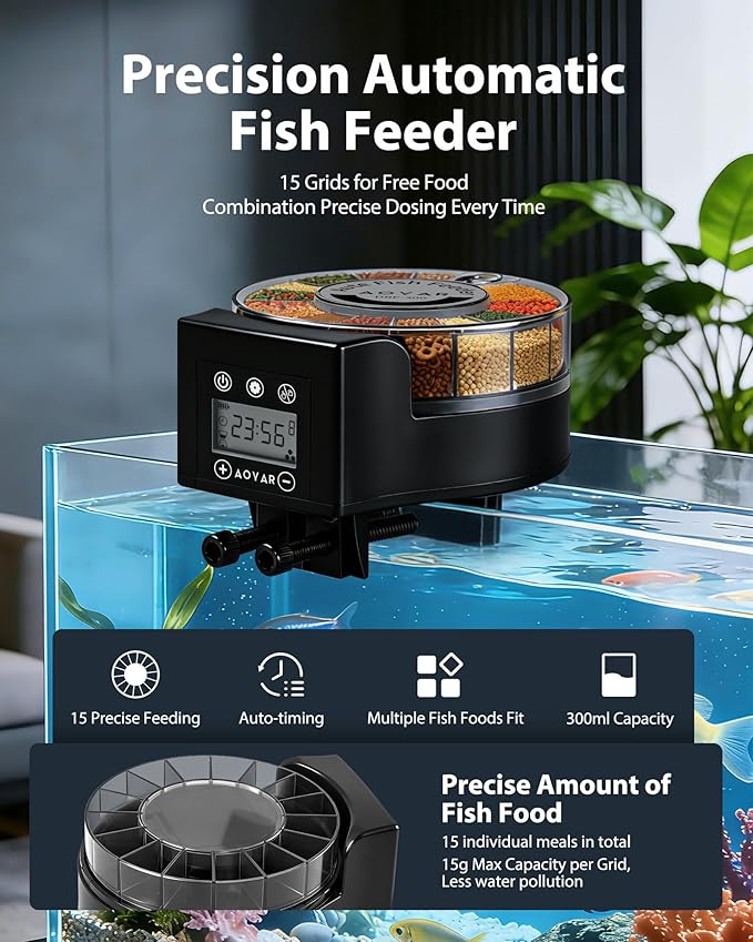 Automatic Fish Feeder Dispenser for Aquarium: Auto Precision Food Feeding 300ml Large Capacity for Powder Flakes Pellet, Battery Feeders Timer for Small Tank Turtle Betta Koi Vacation Weekend Day