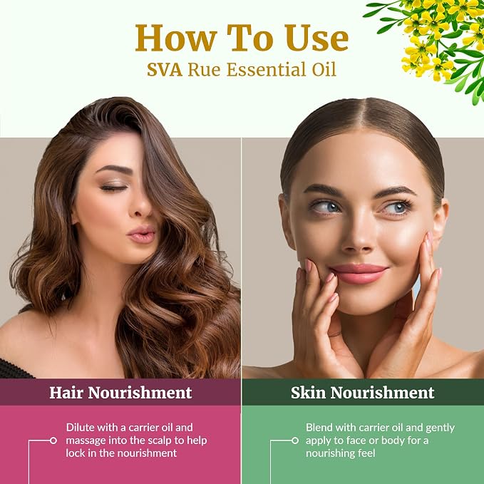 SVA Rue Essential Oil 1 Fl Oz – for Diffuser, Skin & Hair Care – Ideal for Massage & DIY Blends - with Dropper
