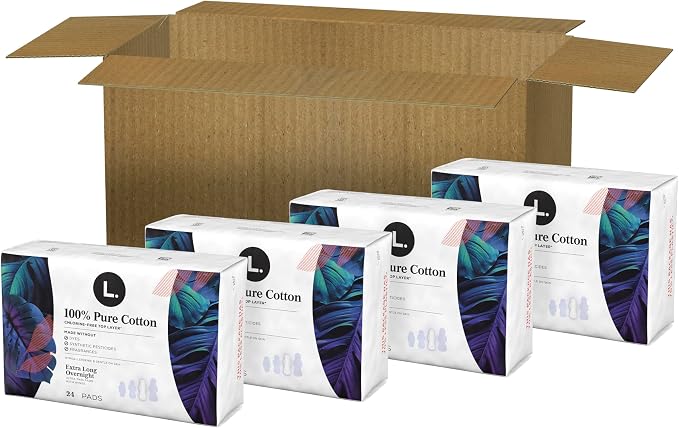 L. Ultra Thin Pads for Women, Overnight Absorbency, Organic Cotton Top Layer, Unscented Pads with Wings,96 Count (Pack of 2)