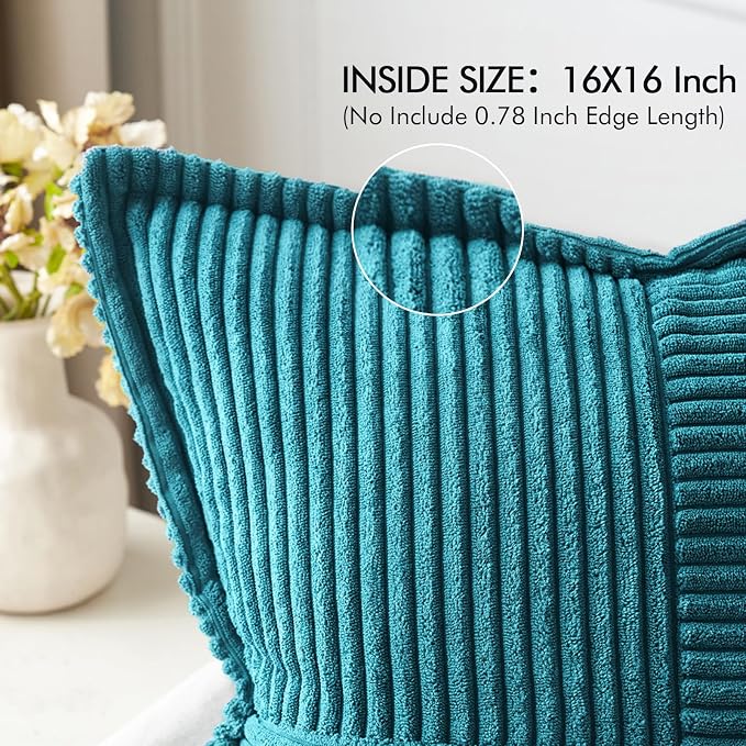 MIULEE Decorative Throw Pillow Covers for Couch 16x16 Inch Teal Blue 2 Pack | Boho Broadside Striped Patchwork Pillow Covers, Soft Corduroy Cushion Cases, For Sofa Bed Livingroom Home Decor