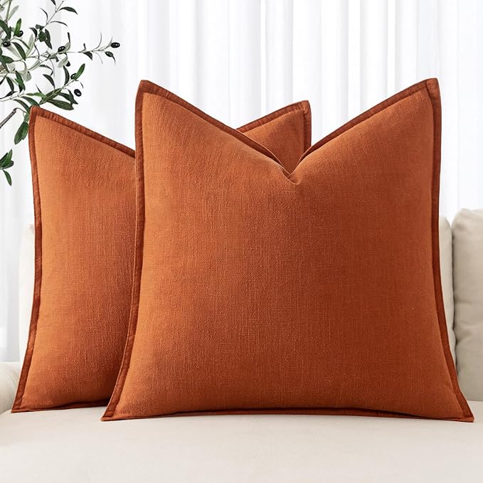 MIULEE Decorative Linen Euro Sham Pillow Covers 24x24 Burnt Orange | Boho Farmhouse Fall Autumn Couch Throw Pillows for Bed, Pack of 2 Accent Modern Pillowcases, Sofa Livingroom Home Decor