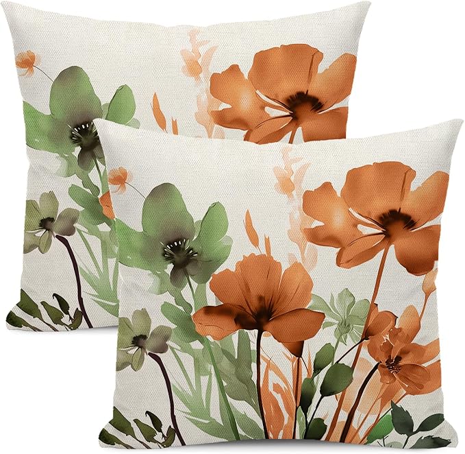 Spring Floral Pillow Covers 18x18 Inches Set of 2 Sage Green Orange Floral Throw Pillow Cover Outdoor Rustic Summer Flower Decoration Pillowcase Farmhouse Decorative Cushion Cover For Home Sofa