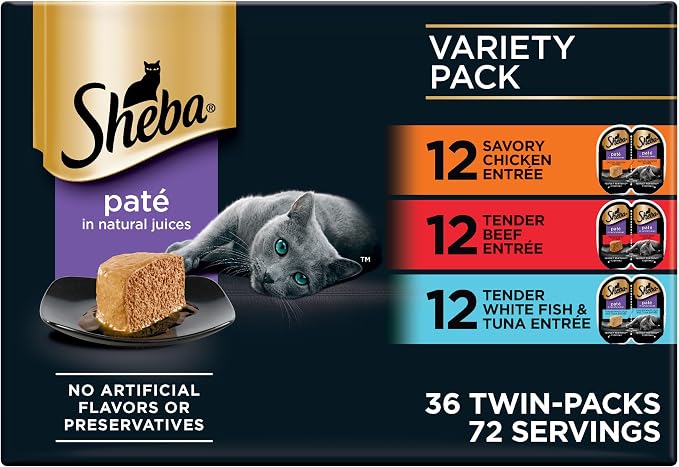 Sheba Perfect Portions Pate Wet Cat Food, Multipack, 2.6 oz, 36 ct | Grain-free, made in USA, Chicken, Beef, Whitefish & Tuna, 72 servings, no by-products, no artificial flavors, twin-pack trays