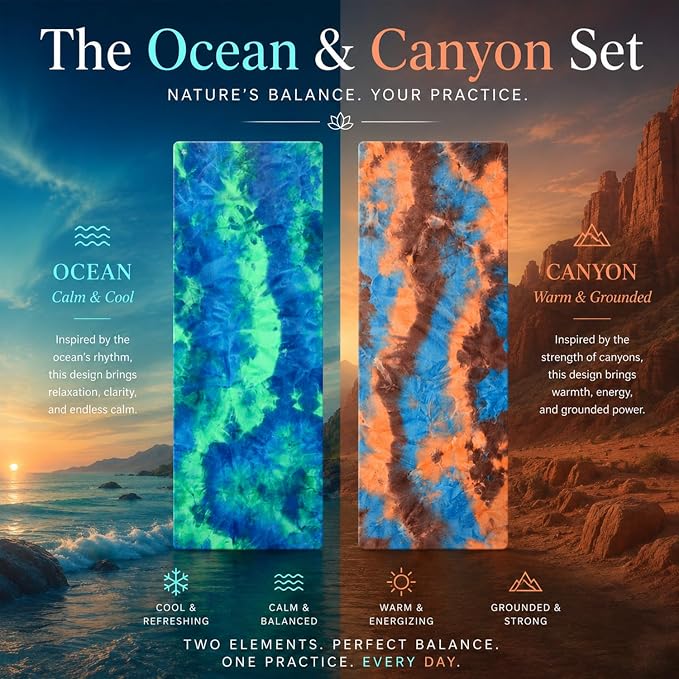 Eunzel 2 Pack Yoga Towel,Hot Yoga Mat Towel with Grip Dots Sweat Absorbent Non-Slip for Hot Yoga, Pilates and Workout 24" x72, Ocean & Canyon