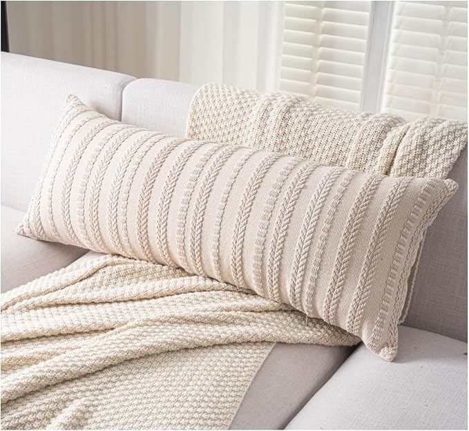 Cethom Boho Lumbar Pillow Covers 14x36 Long, Farmhouse Decorative Couch Pillow Cases, Beige Accent Pillows of Bed, Sofa Bedroom Living Room Home Decor Cushion Cover, Pack of 1