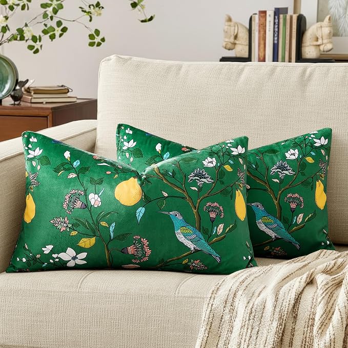 MUSSEL Green Velvet Floral Decorative 12x20 Lumbar Pillow Covers Set of 2 | Durable and Sturdy,Botanical Printed Pattern,Throw Pillows Case,Rectangle,Colorful Farmhouse ,Home Sofa Bed Couch Decor