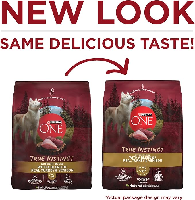 Purina ONE True Instinct Dry Dog Food, Real Turkey & Venison, 15 lb Bag | Nutrient dense, with 30% protein to help support strong muscles, natural with added vitamins, minerals and nutrients