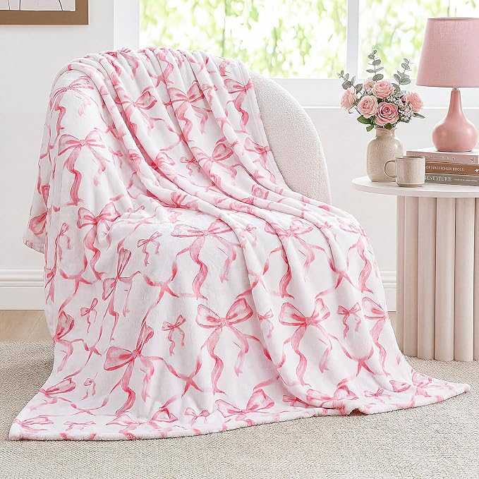 Pink Bow Throw Blanket 50"x60" Soft Flannel for Girls Women | Coquette Aesthetic Decor with Ruffled Edges, Ultra Plush Bed Sofa Blanket, Preppy Gift for Teens, Back to School Dorm Room