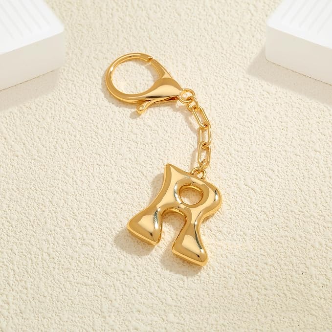 WOWORAMA Initial Letter Keychain for Women Chunky Gold Bubble Letter Bag Charm Purse Charm Personalized Keyrings Accessories