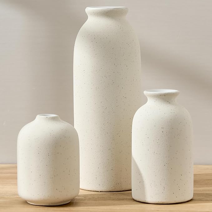 Ceramic Vase Set of 3, Decorative Nordic Minimalist Vases Home Decor for Living Room Kitchen Bedroom Entryway Mantel Table, Modern Decor for Bouquet Pampas Grass Dried Fresh Flowers- Cream White