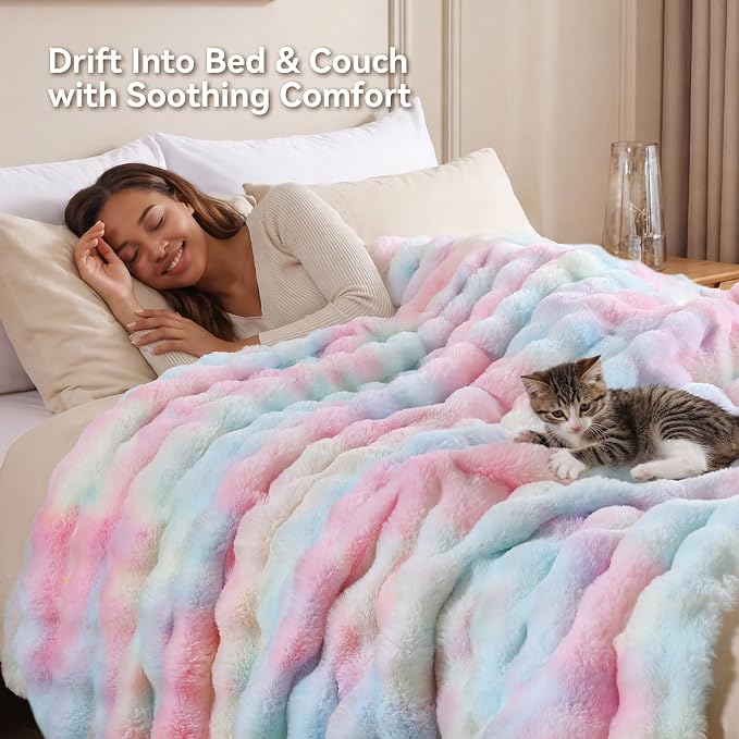 Faux Rabbit Fur Throw for Couch - Rainbow Bubble Blanket 50"x60" | Fluffy Plush Fuzzy Colorful Throw for Sofa & Bed, Super Soft Cozy Comfrt Blanket, Luxury Rainbow Decor Gift for Women
