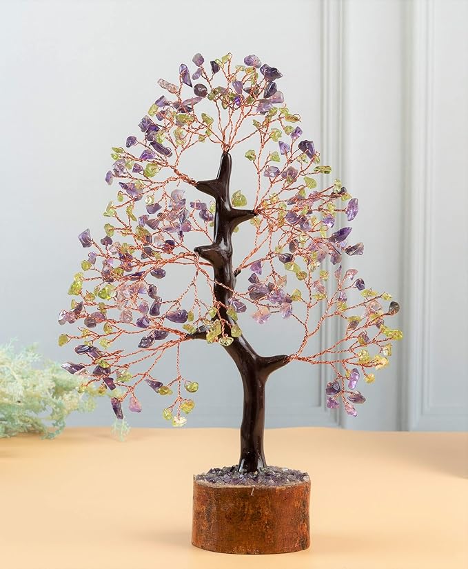 Amethyst & Peridot Crystal Tree Gemstone Tree of Life Chakra Bonsai Tree for Room, Desk & Office Decor Spiritual Gift Meditation Birthday Gift for Women Mom her Sister Housewarming Gifts Home