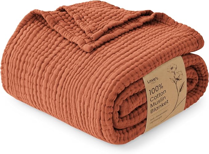 Love's cabin 100% Cotton Muslin Blanket, 6 Layer Lightweight Breathable Gauze Throw Blanket 50 x 60 Inches, Soft All Season Blanket for Couch, Bed, Sofa, Orange